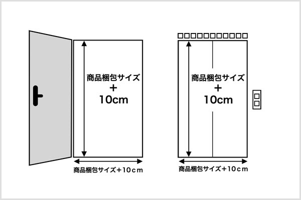 イラスト：【入口・エレベーター】商品梱包サイズ＋10cm（縦）、商品梱包サイズ＋10cm（横）